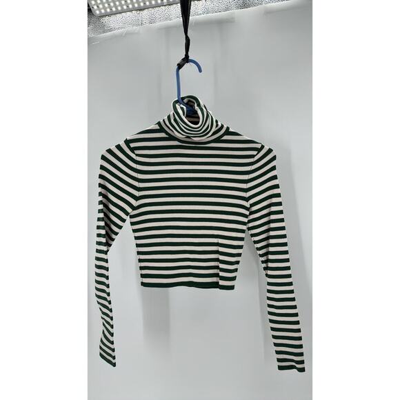 Zara Cropped Knit ribbed green white turtleneck top fall staple size small - Picture 4 of 9